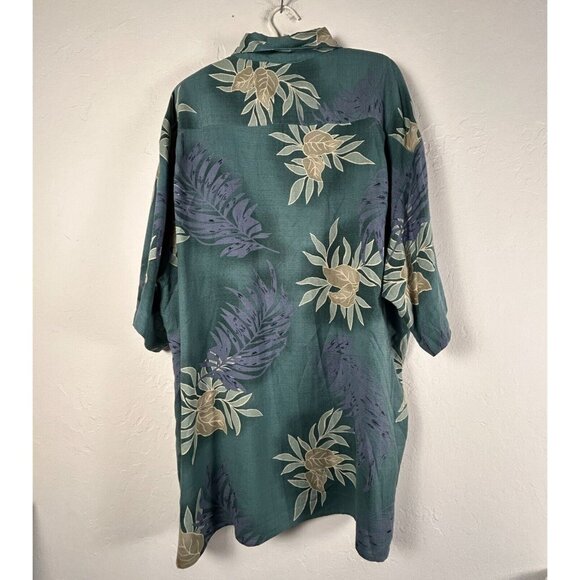 Bobby Chan Mens Silk Hawaiian Shirt XXL Green Leaf Print Button Up Shirt Sleeve - Picture 2 of 7
